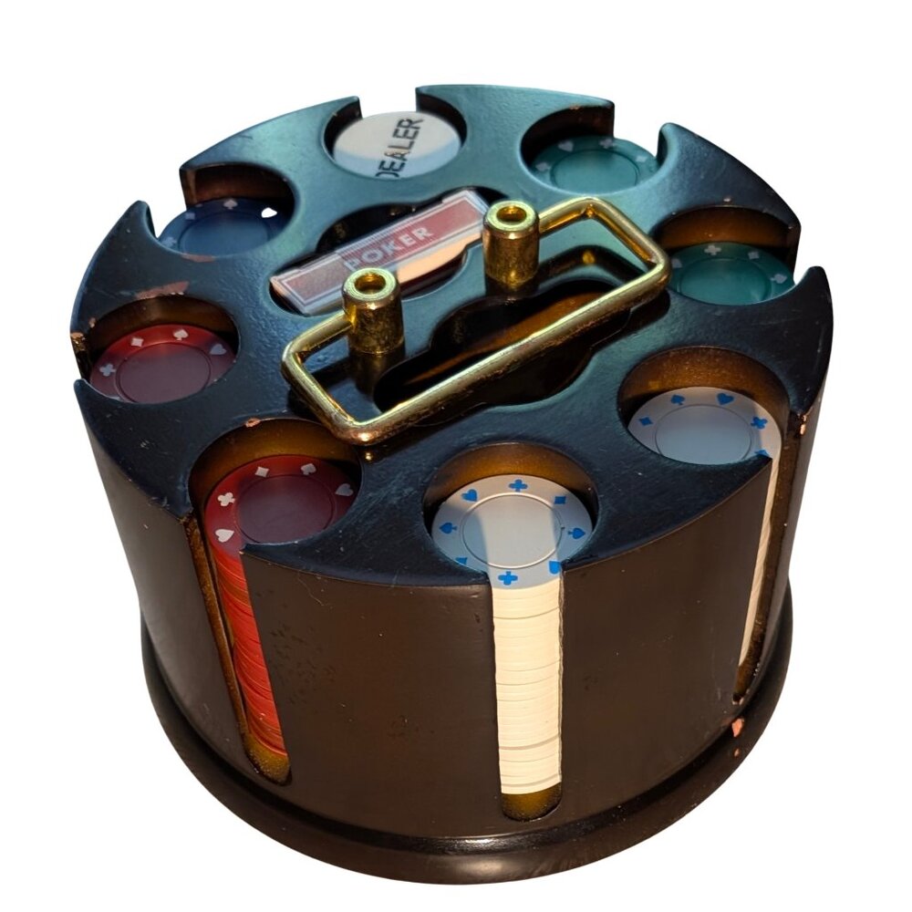 Vintage Rotating Dark Wood Poker Chip Set - 8 Slot Caddy